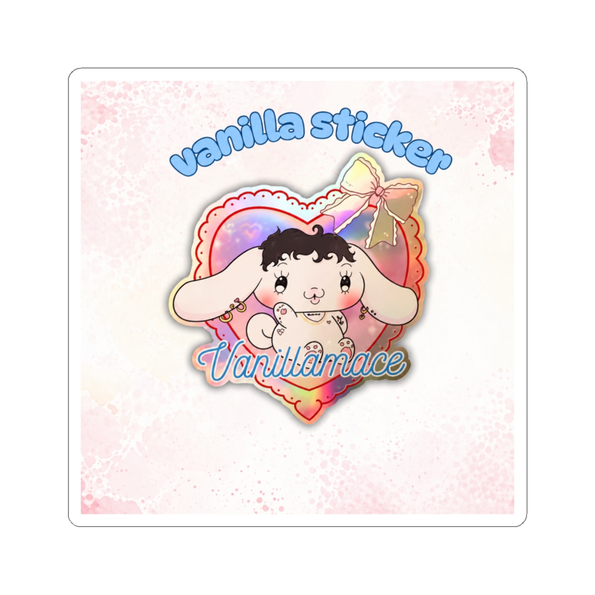 A holographic sticker with a cartoon character design, dark hair, and jewellery, set within a heart shape. The sticker includes the text "vanilla sticker" and "Vanillamace" - alternate angle 2, merchandise
