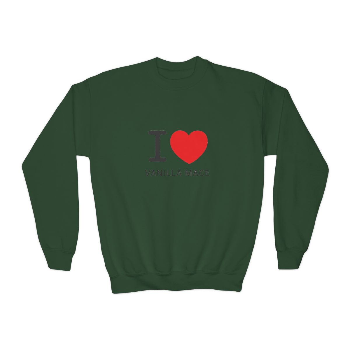 White Sweatshirts featuring the text "I ♥ VANILLA MACE". The "I" is black, the heart is red, and the text is in a simple sans-serif font. The shirt has a crew neck (Kids) - alternate angle 5, merchandise