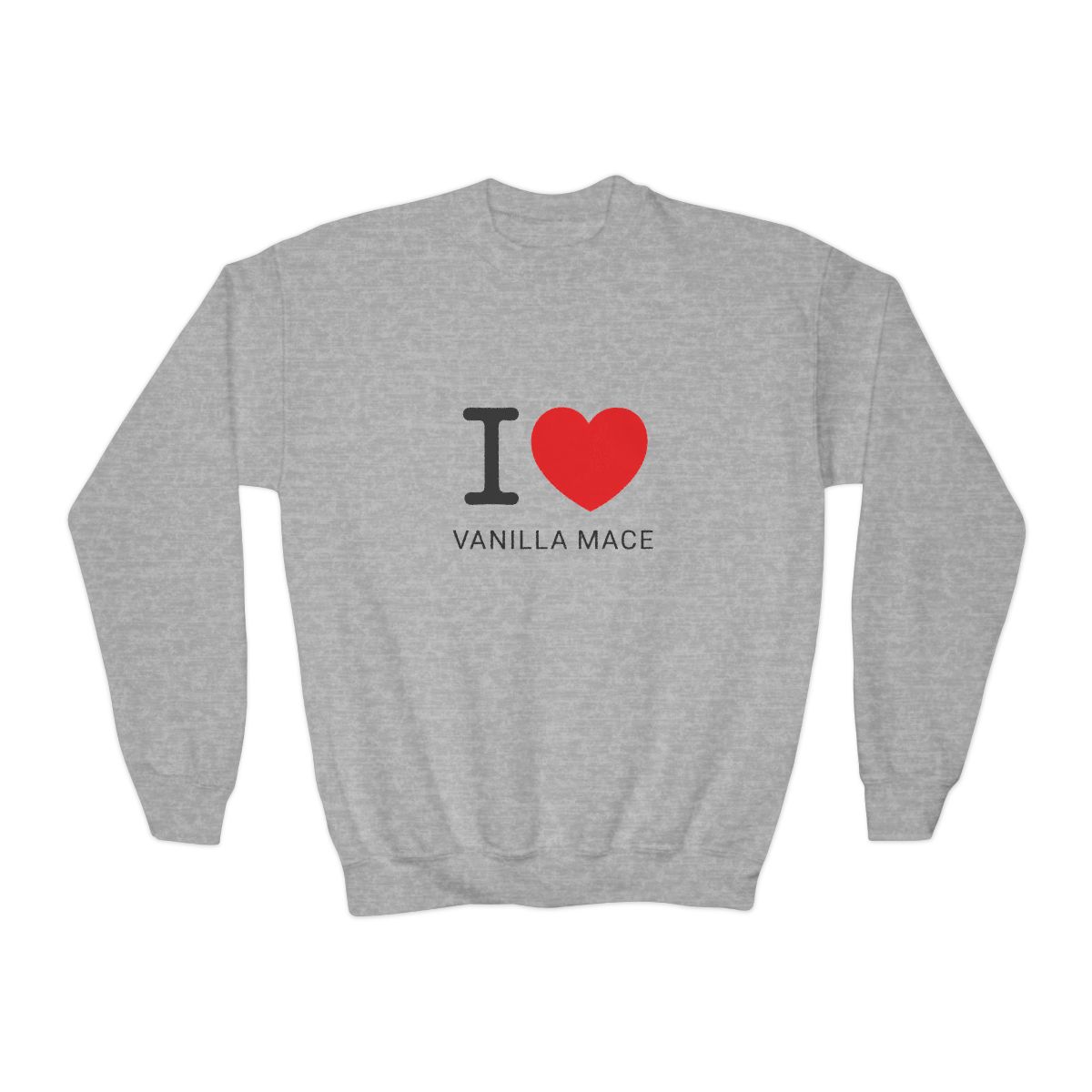 White Sweatshirts featuring the text "I ♥ VANILLA MACE". The "I" is black, the heart is red, and the text is in a simple sans-serif font. The shirt has a crew neck (Kids) - alternate angle 3, merchandise